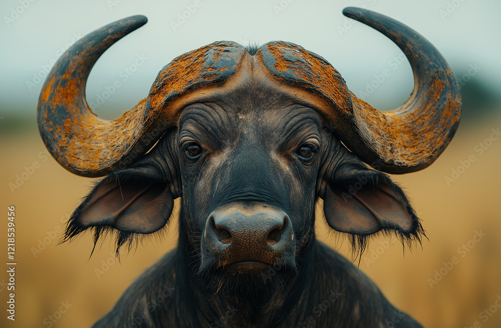 Close-Up of a Buffalo's Face in a Grassy Field with Clear Blue Sky ...
