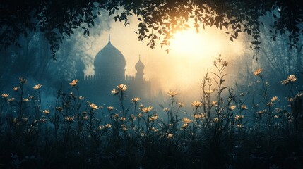 Poster - Mystical Dawn: Majestic Dome Structure in Misty Forest and Flower Field