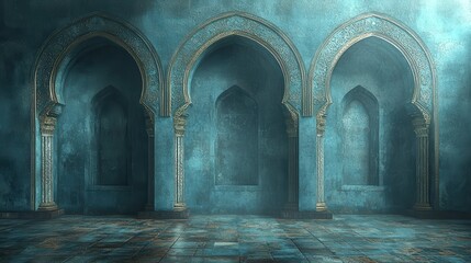 Poster - Mystical Teal Room with Ornate Golden Arches: An Ethereal Architectural Design