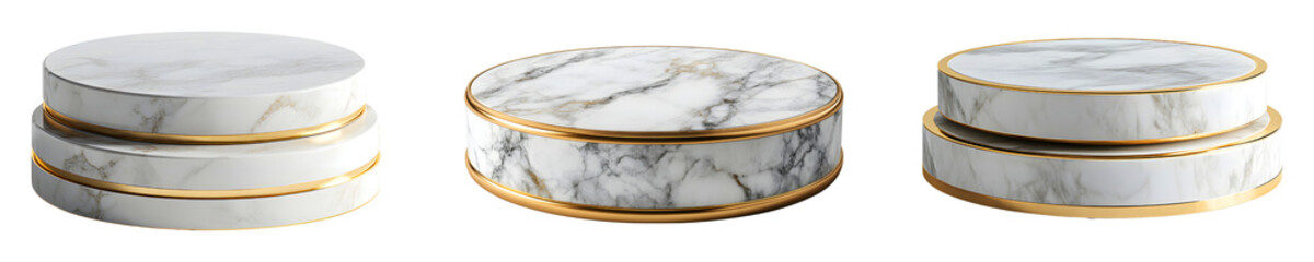 Round marble pedestals stacked with gold rims, perfect for product display or decorative use, on a transparent background.