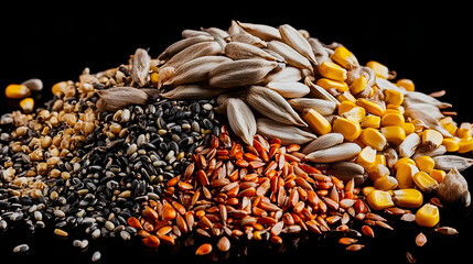 Wall Mural - Bird Food. Collection of Mixed Seeds including Sunflower, Corn, and Millet for Wild Birds