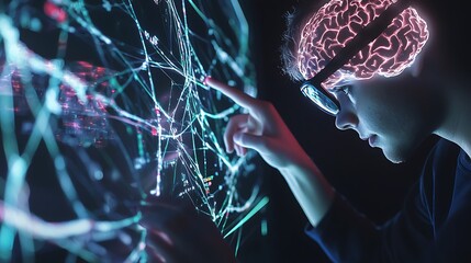 Wall Mural - A man is pointing at a computer screen with a brain on it