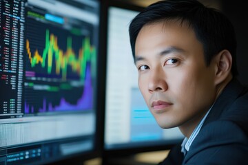 Wall Mural - a chinese ethnicity man analyzing data on a futuristic computer network server in a sleek office env