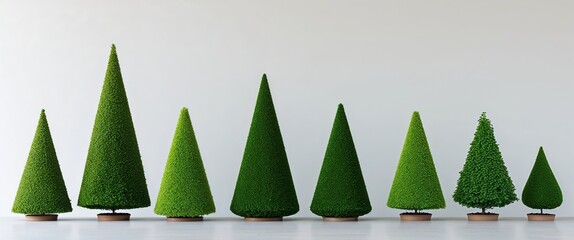 Wall Mural - Cone shaped green topiaries displayed prominently on a plain white background