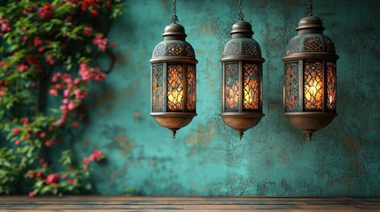 Wall Mural - Ornate Metal Lanterns Glowing Warmly Against a Teal Wall with Blooming Vines