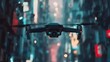 © Aditya - A sleek black drone hovers against a blurred backdrop of a vibrant, neon-lit city at night. The drone's camera is clearly visible, capturing the urban atmosphere.