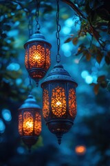 Wall Mural - Ornate Metal Lanterns Hanging from Tree Branch at Night, casting a Warm Glow against Cool Blue Twilight