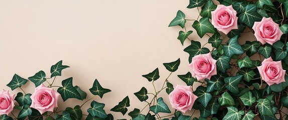 Wall Mural - Ivy leaves with pink roses displayed on a plain cream background