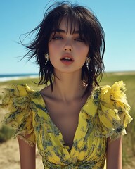 Young woman in yellow dress, outdoor portrait.