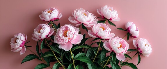 Wall Mural - Pink peonies with deep green leaves displayed on a plain light rose background