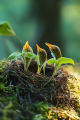 Wall Mural - European Robin (Erithacus rubecula) young birds in nest, Baden-Wuerttemberg, Germany