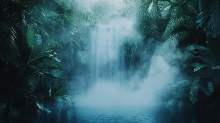 Misty jungle waterfall, tranquil pool, lush foliage, serene nature scene, travel poster