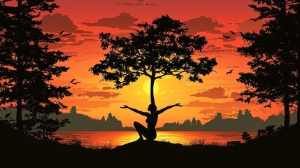 Poster - Peaceful Sunset Silhouette: Person Meditating by a Tranquil Lake in a Serene Forest