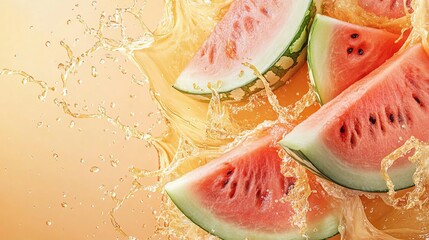 Wall Mural - Dynamic Splash of Juicy Watermelons Cascading into a Clear Glass of Water Creating an Energetic Scene of Refreshment and Vibrant Colors Capturing the Essence of Summer and Hydration