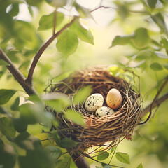 Wall Mural - Close-up of a Bird's Nest with Speckled Eggs Cradled in the Branches of a Lush Green Tree, Bathed in Gentle Sunlight