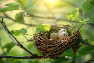 Wall Mural - Close-up of a Bird's Nest with Speckled Eggs Cradled in the Branches of a Lush Green Tree, Bathed in Gentle Sunlight