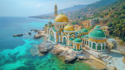 Coastal Mosque Aerial, Turquoise Waters, Mountain View