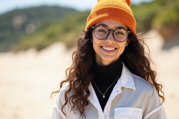 beautiful smiling young woman female lady girl hat enjoying nature outdoors portrait sky sunny day created with generative ai