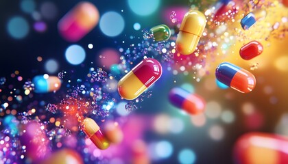 colorful capsules floating in the air with glowing background and bokeh effects.