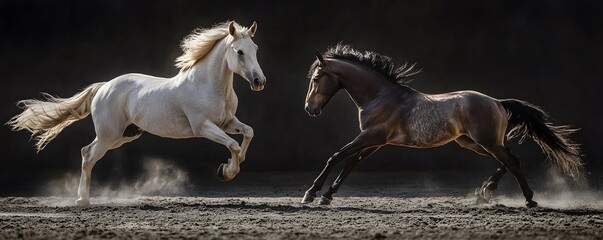 Two beautiful horses galloping gracefully across a sandy field in dramatic lighting.