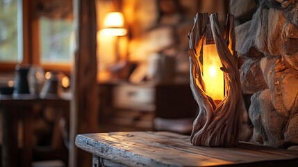 Canvas Print - Rustic wooden lamp with warm light on wooden table in cozy cabin interior.