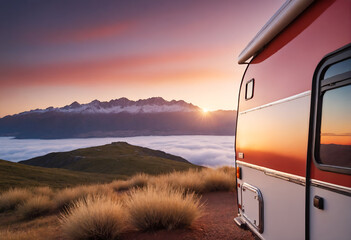 caravan house trailer camping in mountain nature
