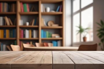 Wall Mural - Books on shelves over a wooden table in a vintage room with wooden flooring and an empty wall in a cozy home design