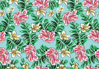  Abstract, hibiscus flowers, tropical, summer, leaves, floral illustration, red, pink hibiscus, seamless pattern, repeat, print textile, clothing, packaging, fabric vector artwork