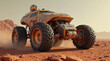 © alexander_volkov - A large, advanced rover navigates the dusty, red terrain of Mars at sunset. Its oversized tires tackle rocky surfaces as the sun casts a warm glow on distant hills, highlighting the vehicle's design
