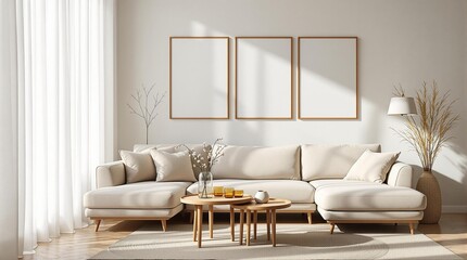 Wall Mural - Living room Japandi interior mockup. Wall poster frame design. Modern house decor. 3D render.