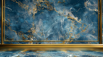 Wall Mural - a stunning blue and gold marble wall adorned with an elegant gold border, generative ai