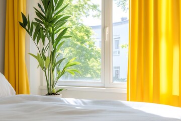 Wall Mural - Bright bedroom with yellow curtains, a plant by the window, and sunlight