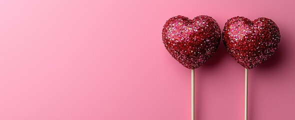 Wall Mural - Two glittery red heart-shaped lollipops on wooden sticks against a minimalist pink background Generative AI