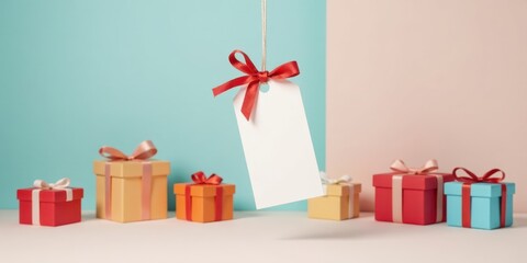 Poster - Blank gift tag hangs from string, surrounded by various small presents with pastel ribbons, against a soft two-toned backdrop