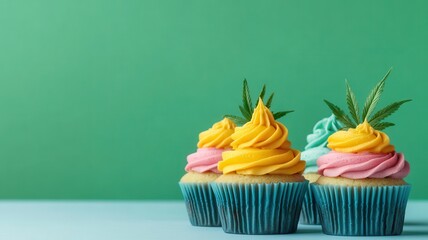 Wall Mural - Colorful cannabis-infused cupcakes with decorative toppings, perfect for a vibrant and unique dessert experience.