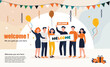 © Rifat - Vibrant welcome celebration illustration featuring a group of people with balloons, banners, and decorations. Perfect for events, greetings, invitations, teamwork, community, and festive designs.