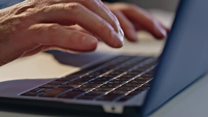 Wall Mural - Copywriter hands typing computer at office desk closeup. Man working laptop