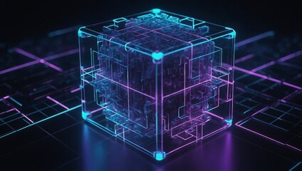 Wall Mural - An isometric 3D digital data cube in a glowing wireframe style, with light blue and purple hues on a dark futuristic background