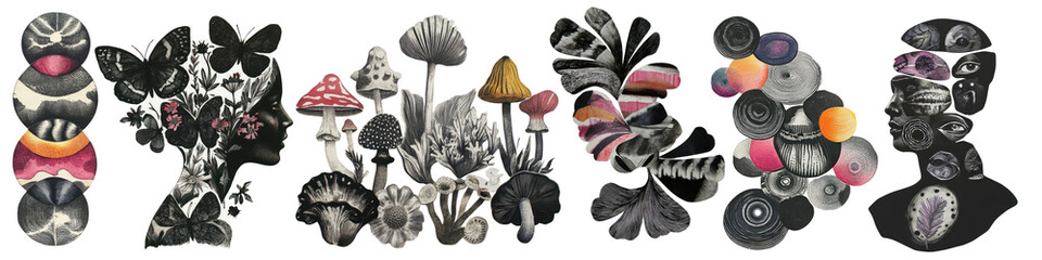 Wall Mural - PNG Abstract mushroom collage art set, isolated on transparent background