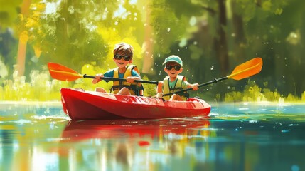 Two young boys enthusiastically kayaking on a serene lake, surrounded by lush greenery on a bright, sunny day, the boys donning colorful life jackets and sunglasses as they paddle the red kayak.