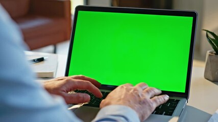 Wall Mural - Man hands typing greenscreen laptop apartment closeup. Remote manager working 