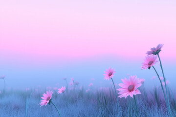 Fototapete - A vast sunflower field at dawn, with a layer of morning mist hovering above the flowers and soft pink tones in the sky,