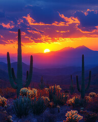 Fototapete - A serene desert landscape with saguaro cacti silhouetted against a warm, glowing twilight sky and a distant mountain range,