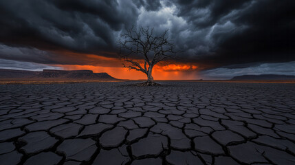 Fototapete - A stark desert with cracked earth, a single dry tree, and dramatic storm clouds gathering on the horizon,