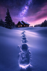 Poster - A snowy mountain trail with fresh footprints leading toward a cozy wooden cabin under a bright, star-filled winter sky,