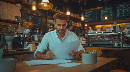 Aufkleber - An entrepreneur sketching out a business plan in a trendy cafÃ©,