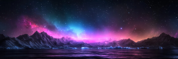Poster - The Northern Lights illuminating a glacier under a starry sky,