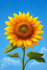 Poster - A close-up shot of a blooming sunflower with a bright blue sky in the background,