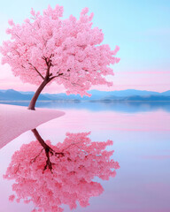 Poster - A delicate cherry blossom tree in full bloom beside a serene lake,