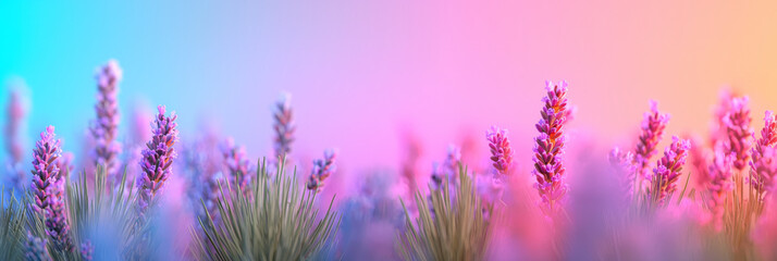 Poster - A field of lavender in full bloom under a clear, sunny sky,